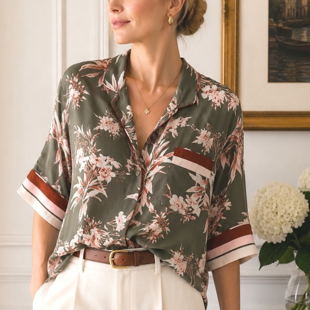 Joie Floral Button Front‎ Blouse Olive Green Pink Quiet Luxury